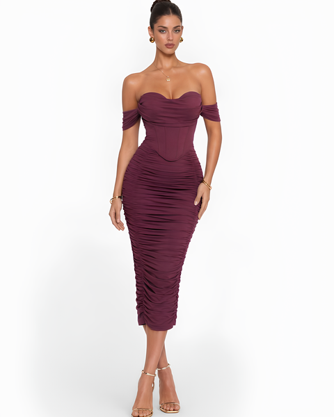 The Scarlett Ruched Corset Midi Dress